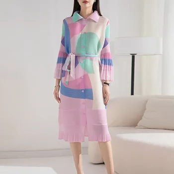 Miyake issey Miyake Pilili Baskı Elbise 2023 Yeni Bahar ve Sonbahar Yaka Tek Göğüslü Hırka Artı Boyutu Bel Kırpma Dantel-up Midi Elbise