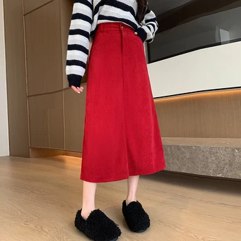 Moda Yüksek Bel Kadın Kadife Kırmızı Uzun Etek Şık Ve Zarif Rahat Ofis Bayan Etekler Sonbahar kadın giyim Kore Tarzı