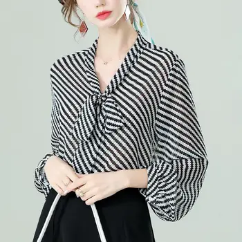 Moda Çizgili Fener Kollu Lace Up Şifon Gömlek Kadın Giyim 2023 İlkbahar Yaz Büyük Boy Casual Tops Ofis Bayan Bluz