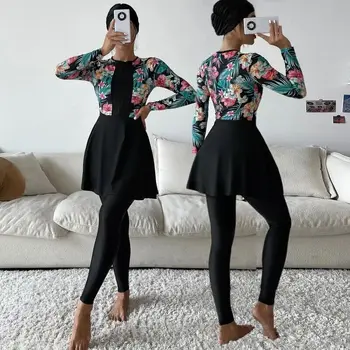 Moda Çiçek Baskılı Burkinis Setleri Kadınlar için Tam Kapak Müslüman İslam Banyo Beachwear Mayo Mayo