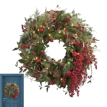 Noel Çelenkler Ön Kapı İçin 35cm Yapay Çelenk çam kozalakları Kırmızı Meyveler Yuvarlak Çelenk Ön Kapı Asılı