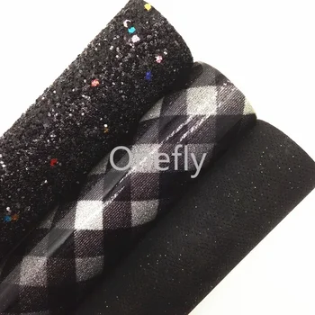 Onefly 21x29 cm Siyah Glitter Kumaş, Ekose Baskılı Suni Kumaş Kareli Sentetik Deri Levhalar Yay DIY çanta ayakkabı DQ032