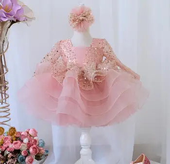 Pembe Doğum Günü Elbise Toddler Tutu Payetli Çiçek Kız Elbise Uzun Kollu Sparkly Balo elbisesi