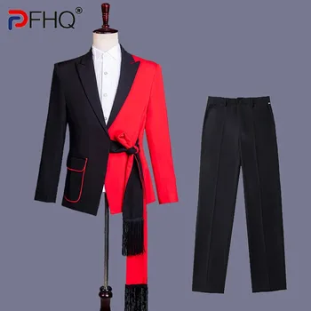PFHQ erkek Slim Fit Takım Elbise Seti Sahne Kontrast Renk Yürüyüş Gösterisi Şarkıcı Performans Tasarım Püskül Kemer Tarzı Pantolon Sonbahar 21Z3095