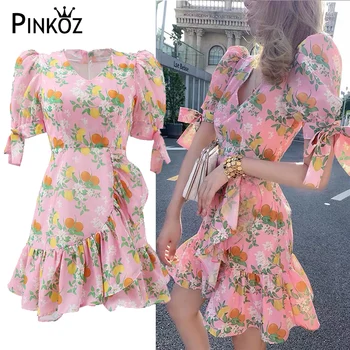 Pinkoz tatlı sevimli pembe mini elbise kadınlar için yaz tatili parti puf kollu ruffles tasarımcı lace up v yaka doğum günü yemeği 2xl