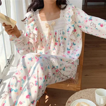 Prenses Tatlı Yüksek Dereceli Baskı Pijama Kadın 2023 Yeni Bahar Ve Sonbahar Sevimli Uzun Kollu Dokuma Köpüklü Pamuk Gecelik Setleri