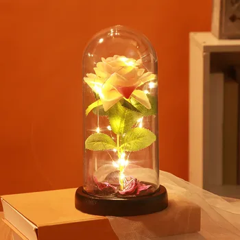 Sevgililer Hediye Simülasyon Gül çiçekli cam Kapak LED Ev Dekorasyon Ebedi Çiçek Akrilik Kapak Hediye Süsleme Seti Topper