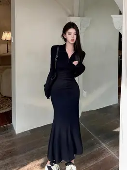 Siyah Fermuar Yaka Boyun Wrap Kalça Fishtail Elbise Kadınlar Vintage İnce Akşam Parti Bodycon Uzun Elbiseler 2023 Moda İlkbahar Sonbahar