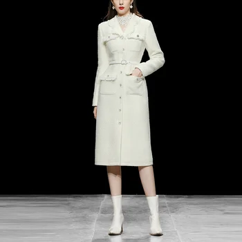 Sonbahar Kış Kadın %30 % Yün Yeni Moda Bağbozumu Ince Püskül Kenar Ceket Ince Glitter Beyaz Tüvit Orta Uzunlukta Kıyafet Giysileri