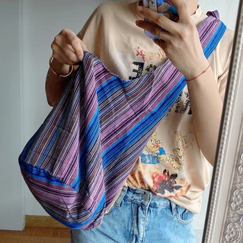 Tuval Çizgili Bayan postacı çantası Etnik Boho Moda Crossbody Çanta kadın Büyük Kapasiteli omuz çantaları Vintage alışveriş çantası