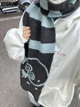 Tüm Maç Köpek Jakarlı Kız Uzun Eşarp Japon Temel Eşarp Gotik Şerit Kadın Harajuku Örme Atkısı  