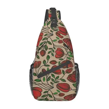 Yaprakları Ve Sapları İle Kırmızı Çiçekler Göğüs Çantası Fermuarlı Moda Örgü Çanta Günlük Çapraz göğüs çantası Özelleştirilebilir