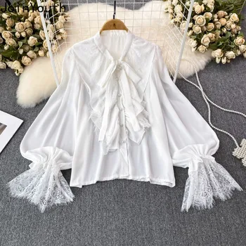 Yaz Kadın Gömlek 2023 Blusas Mujer De Moda Dantel Parlama Kollu Yay Beyaz Bluzlar Gevşek Mizaç Vintage Bluz Tops 27r141