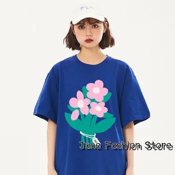 Yaz Kadın Pamuk O-Boyun T-Shirt Karikatür Çiçek Baskı Giyim moda üst giyim Tees Kadın Rahat Düz Renk Harajuku Streetwear