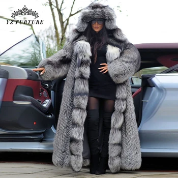 Yeni Gerçek Kürk Mantolar Hood İle Lüks Gümüş Tilki Kürk Süper Uzun Yeni Doğal 100 % Gümüş Tilki Kürk Ceket Kadınlar İçin Sıcak Kış