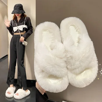 Yeni kışlık terlik Kadın Moda Çapraz Kabarık Kürk Terlik Ev Slaytlar Platformu Düz Kapalı Kat Flip Flop Kadın Bayan Ayakkabıları