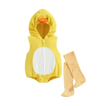 Yenidoğan Bebek Bebek Kız Rahat Kapüşonlu Romper Giysileri Kolsuz Zip Up Hayvan Civciv Romper Tulum çizgili çoraplar