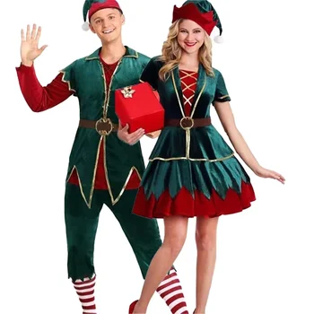Yeşil Elf Cosplay Kostüm Noel Kostüm Kadınlar ve Erkekler için Parti Karnaval Elbise Yeni Yıl Cosplay Noel süslü elbise Severler