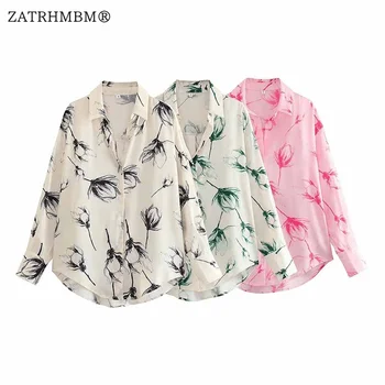 ZATRHMBM Kadınlar 2023 Yeni Moda Renkli Baskı Bluz Vintage Uzun Kollu Düğme Zarif Kadın Gömlek Blusas Chic Tops