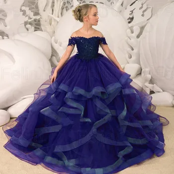 Çiçek Kız Elbise Glitter Tül Aplikler Çocuk Düğün Parti Elbise İlk Communion Elbise